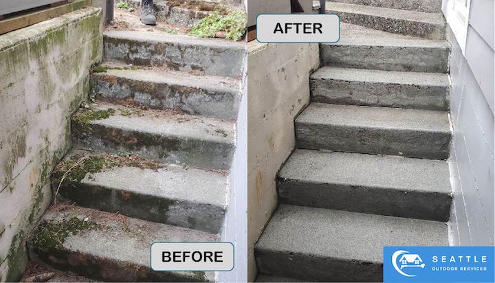 Image of a contrete stair set being pressure washed.